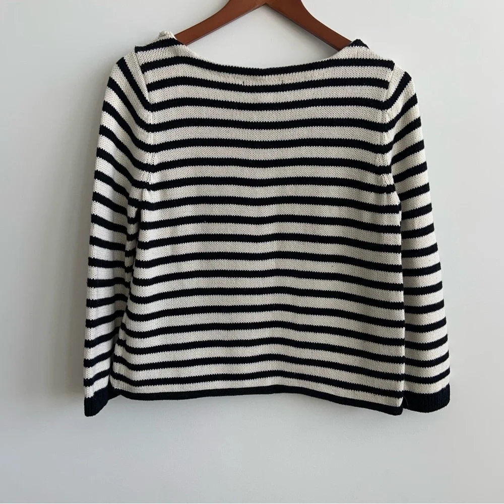 Marled Black and White Crew Neck Sweater with Nautical Stripes Size M - Picture 1 of 12